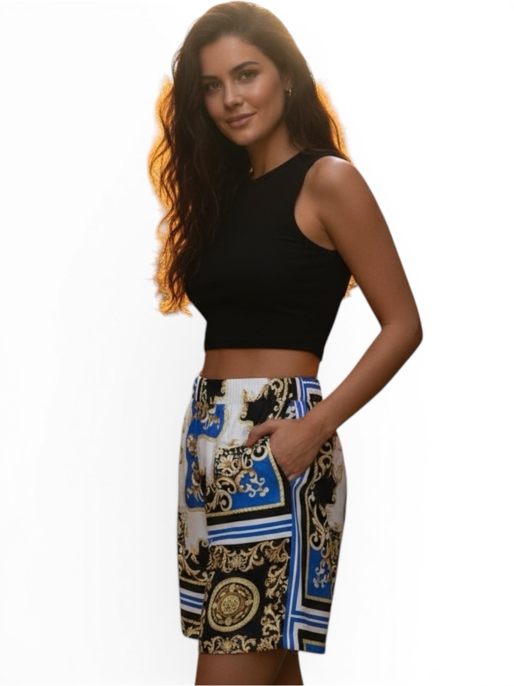 SHEIN Blue, Gold & White Baroque Patterned Women Short Size M